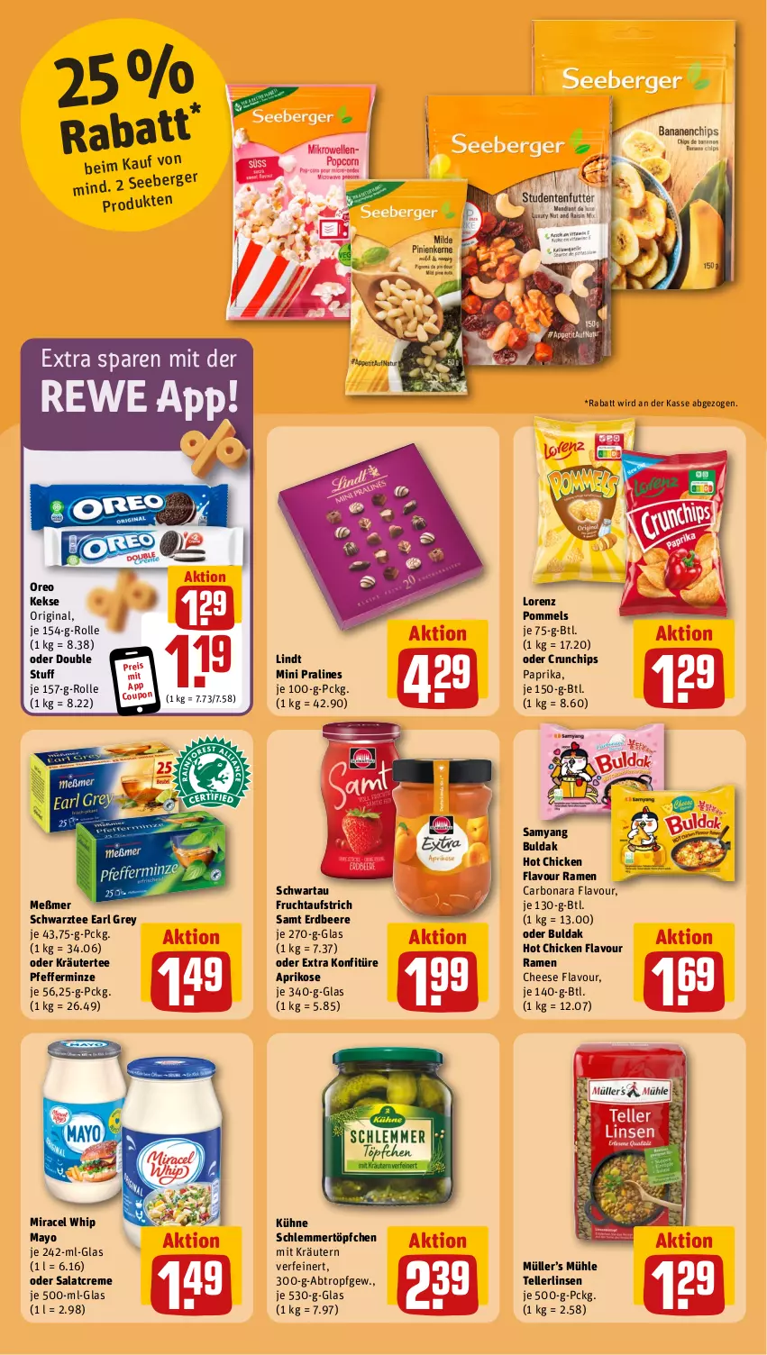 Aktueller Prospekt Rewe - Prospekte - von 18.11 bis 23.11.2024 - strona 14 - produkty: aprikose, aufstrich, beere, Bona, chips, coupon, creme, crunchips, eis, elle, erdbeere, frucht, fruchtaufstrich, gin, keks, kekse, konfitüre, kräuter, kräutern, Kühne, lindt, linsen, lorenz, Meßmer, minze, miracel, miracel whip, Müller, oder kräuter, oreo, paprika, pfeffer, pfefferminze, Pommels, reis, salat, salatcreme, schlemmertöpfchen, Schwartau, tee, teller, Ti, Töpfchen, Yo, ZTE