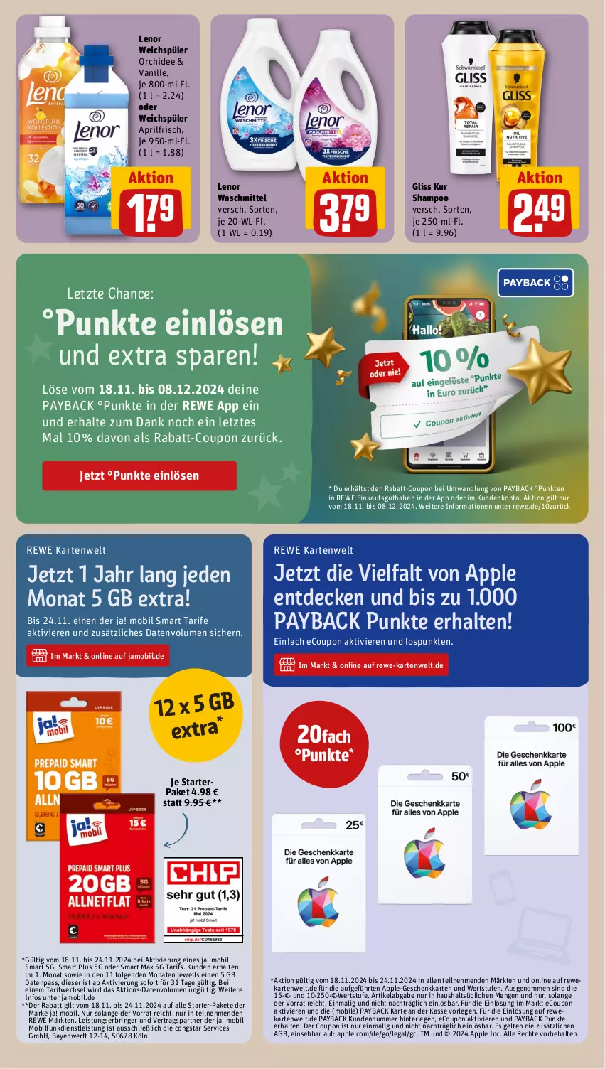 Aktueller Prospekt Rewe - Prospekte - von 18.11 bis 23.11.2024 - strona 15 - produkty: Apple, congstar, coupon, decke, eis, gliss, gliss kur, lenor, lenor waschmittel, lenor weichspüler, LG, orchidee, payback, pril, rabatt-coupon, ring, shampoo, Ti, vanille, waschmittel, weichspüler, weka, ZTE