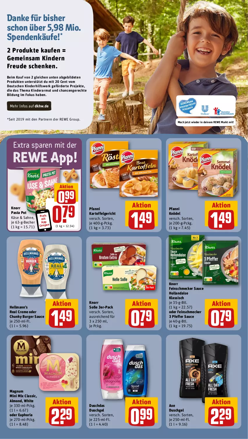 Aktueller Prospekt Rewe - Prospekte - von 18.11 bis 23.11.2024 - strona 18 - produkty: axe, axe duschgel, Becher, burger, Burger Sauce, coupon, creme, duschdas, duschgel, eis, feinschmecker, hollandaise, kartoffel, Käse, Kinder, Knödel, knorr, knorr pasta, LG, mac, magnum, Magnum Mini, pasta, pfanni, pfeffer, reis, Ria, sahne, sauce, sauce hollandaise, Soße, Ti