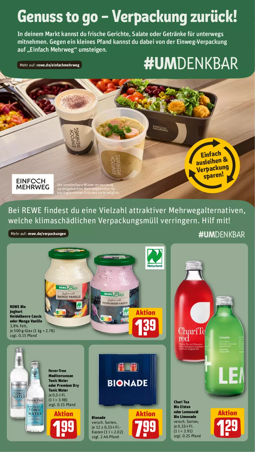 Aktueller Prospekt Rewe - Prospekte - von 18.11 bis 23.11.2024 - strona 19 - produkty: beere, Behälter, bio, bio limo, bionade, cassis, decke, eis, eistee, fever-tree, getränk, getränke, heidelbeere, joghur, joghurt, leine, limo, limonade, mango, nuss, rewe bio, ring, rwe, salat, salate, tee, Ti, tonic, tonic water, vanille