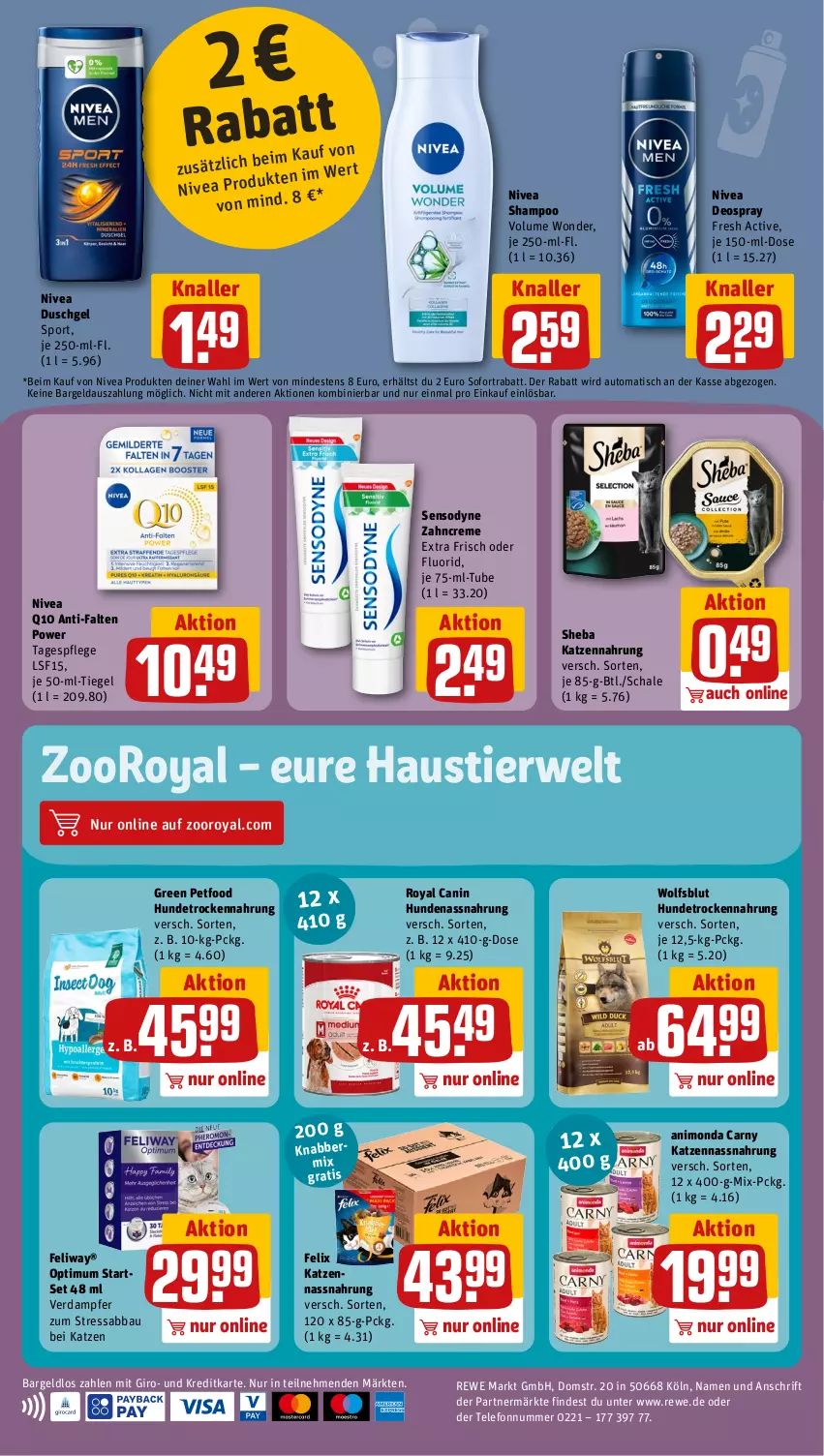 Aktueller Prospekt Rewe - Prospekte - von 18.11 bis 23.11.2024 - strona 20 - produkty: Abba, aust, auto, Bau, creme, deo, deospray, duschgel, felix, Hundetrockennahrung, je 50-ml-tiegel, katzennahrung, Nassnahrung, nivea, Q10, rwe, Schal, Schale, sensodyne, shampoo, sheba, sofortrabatt, Sport, Stier, Tagespflege, telefon, Ti, tisch, Trockennahrung, zahncreme