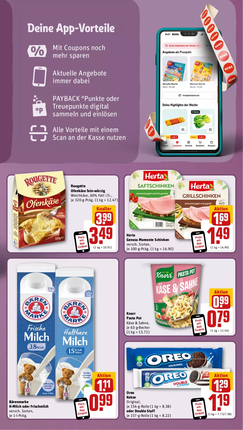 Aktueller Prospekt Rewe - Prospekte - von 18.11 bis 23.11.2024 - strona 3 - produkty: angebot, angebote, bärenmarke, Becher, coupon, coupons, eis, elle, ente, gin, herta, Käse, keks, kekse, knorr, knorr pasta, milch, nuss, Ofen, Ofenkäse, oreo, pasta, payback, reis, rouge, rougette, sahne, schinken, Ti, weichkäse