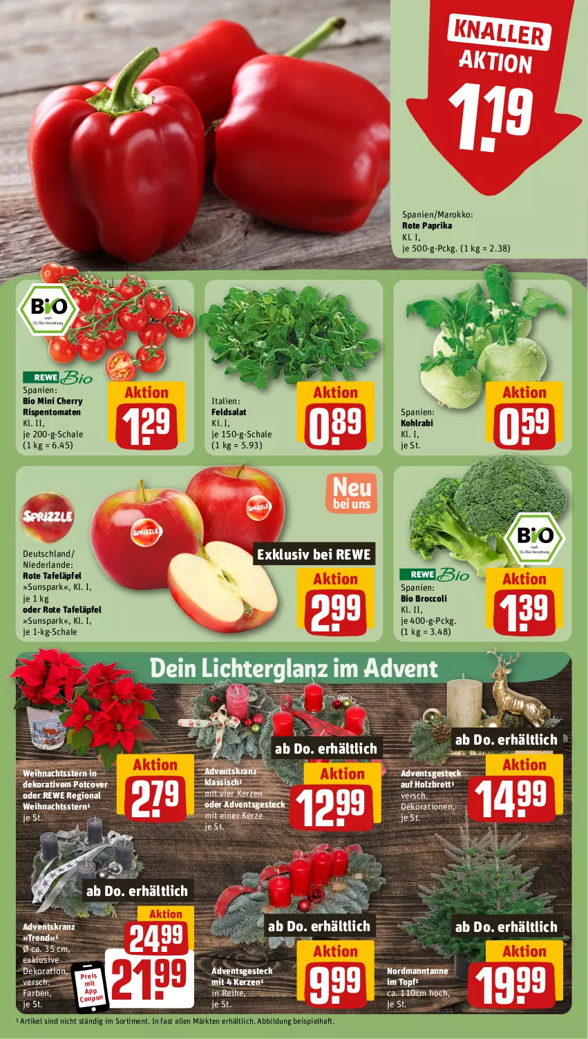 Aktueller Prospekt Rewe - Prospekte - von 18.11 bis 23.11.2024 - strona 7 - produkty: Adventskranz, bio, broccoli, coupon, dekoration, eis, feldsalat, Holz, kerze, kohlrabi, Kranz, paprika, reis, rispentomaten, rote tafeläpfel, salat, Schal, Schale, tafeläpfel, Ti, tomate, tomaten, topf, Weihnachtsstern