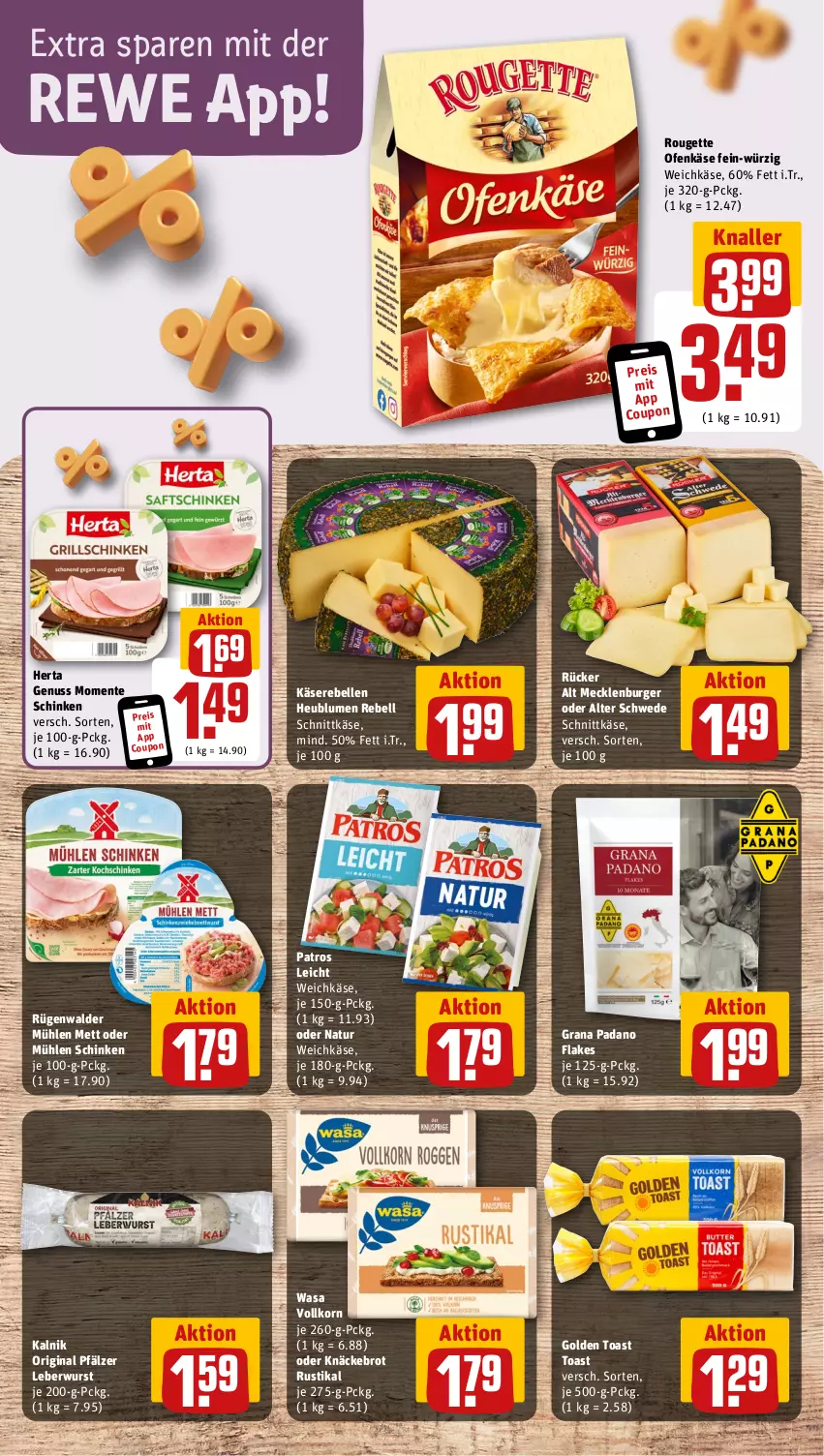 Aktueller Prospekt Rewe - Prospekte - von 18.11 bis 23.11.2024 - strona 9 - produkty: blume, blumen, brot, burger, coupon, eis, elle, ente, flakes, gin, golden toast, grana, grana padano, herta, Heu, Käse, Käserebellen, knäckebrot, korn, leberwurst, Mett, mühlen schinken, natur, nuss, Ofen, Ofenkäse, padano, patros, Rana, rebell, reis, rouge, rougette, rügenwalder, rügenwalder mühle, schinken, schnittkäse, Ti, toast, wasa, weichkäse, wurst