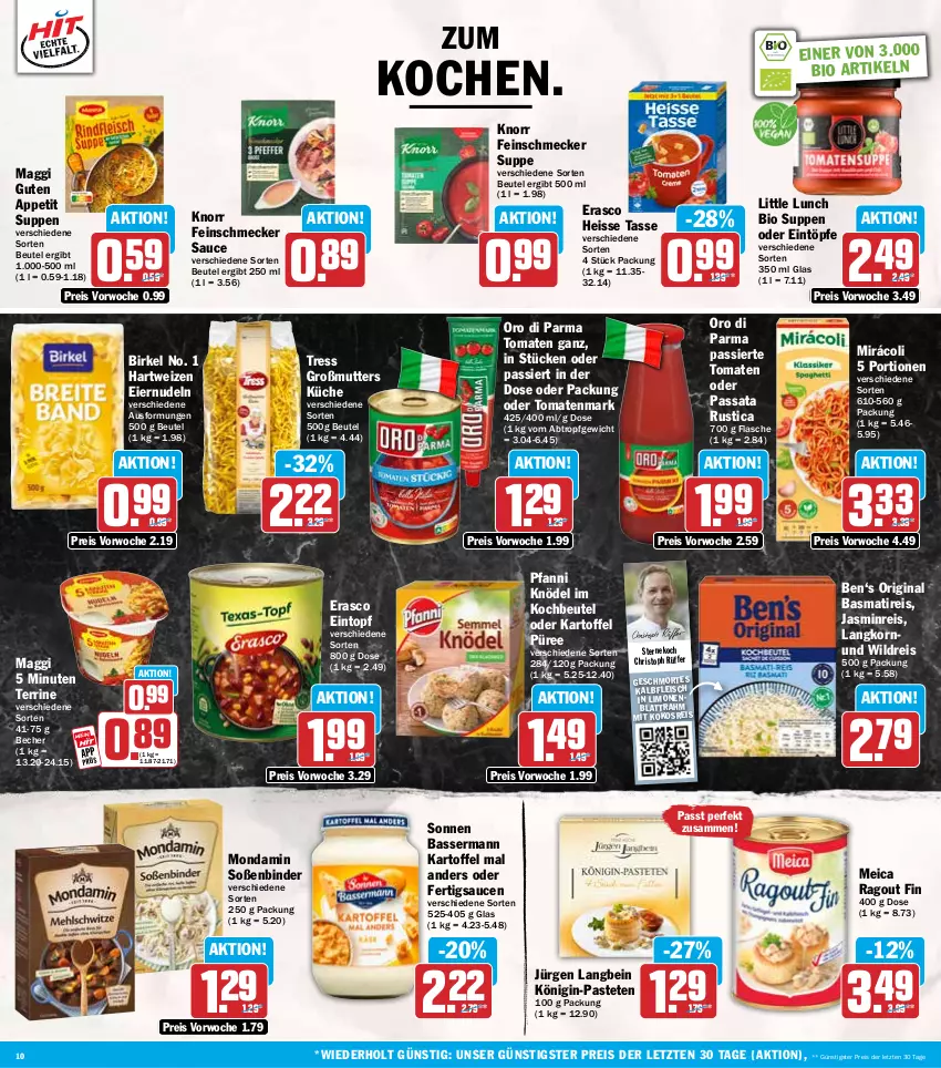 Aktueller Prospekt Hit - Wochenprospekt - von 29.09 bis 04.10.2025 - strona 10 - produkty: basmati, Becher, beutel, bio, birkel, eier, eiernudeln, eintopf, eintöpfe, eis, erasco, feinschmecker, flasche, fleisch, gin, hartweizen, Kalbfleisch, kartoffel, Knödel, knorr, kochbeutel, kokos, Königin-Pasteten, korn, küche, limo, limonen, maggi, meica, Mirácoli, mondamin, nudel, nudeln, oro di parma, pastete, pfanni, püree, Ragout, reis, sauce, saucen, Soße, suppe, suppen, tasse, terrine, Ti, tomate, tomaten, tomatenmark, topf, Wild, ZTE