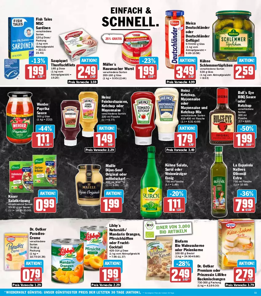 Aktueller Prospekt Hit - Wochenprospekt - von 29.09 bis 04.10.2025 - strona 11 - produkty: backmischung, Backmischungen, beutel, bio, cocktail, creme, dijon-senf, Dr. Oetker, eis, erde, essig, feinkost, filet, filets, fisch, flasche, frucht, Geflügel, gin, Hausmacher, heinz, ketchup, knorr, Kühne, mac, maille, mayonnaise, meica, Müller, natives olivenöl, natur, nuss, olive, oliven, olivenöl, olivenöl extra, orange, orangen, paprika, pfirsich, pinienkerne, reis, salat, salatkrönung, Sardinen, sauce, saucen, saupiquet, schlemmertöpfchen, senf, thunfisch, Ti, Töpfchen, walnuss, walnusskerne, wein, wurst, Yo, ZTE