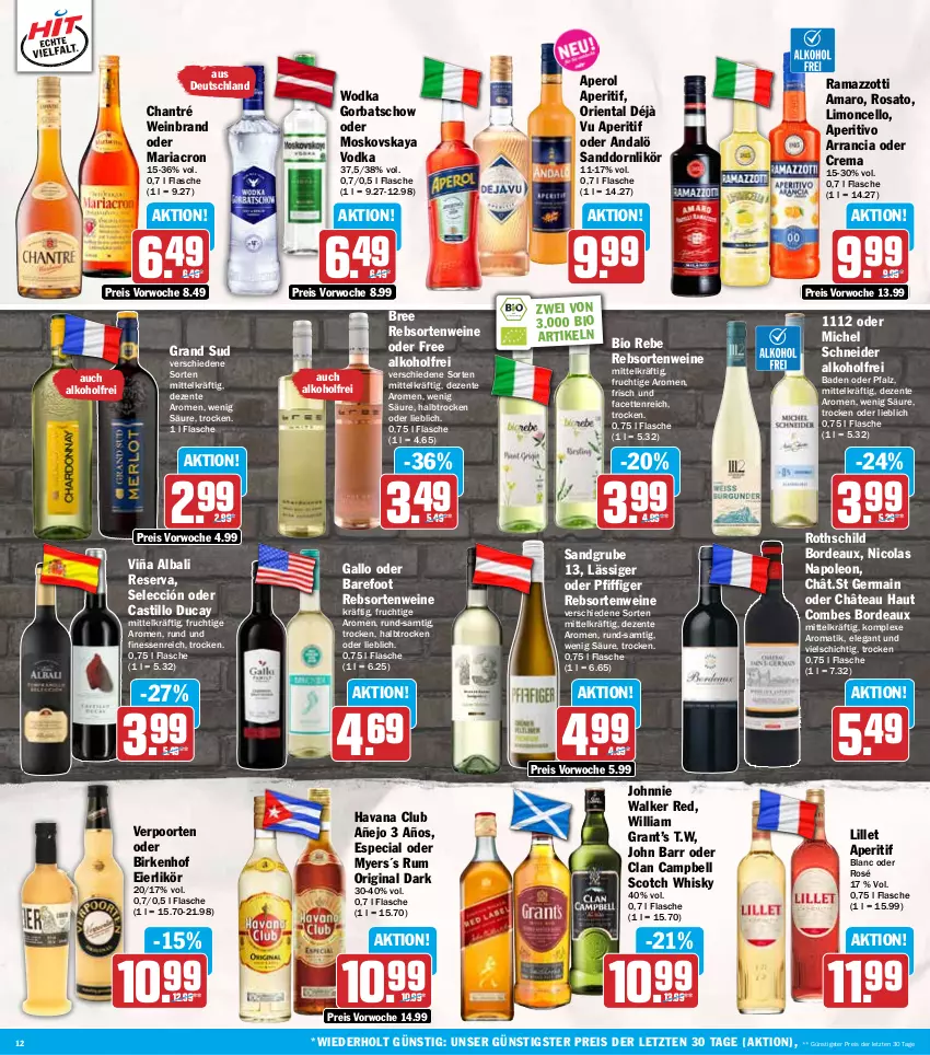 Aktueller Prospekt Hit - Wochenprospekt - von 29.09 bis 04.10.2025 - strona 12 - produkty: alkohol, amaro, aperitif, aperol, asti, Bad, bio, bree, chantré, cola, eier, eierlikör, eis, ente, finesse, flasche, frucht, gallo, Germ, gin, Gorbatschow, grand sud, Havana Club, John Barr, johnnie walker, likör, lillet, limo, mariacron, Michel Schneider, moskovskaya, rama, ramazzott, ramazzotti, rebsortenweine, reis, Ria, rosato, rum, sanddorn, scotch, scotch whisky, Ti, verpoorten, vodka, wein, weinbrand, weine, whisky, wodka, zott, ZTE