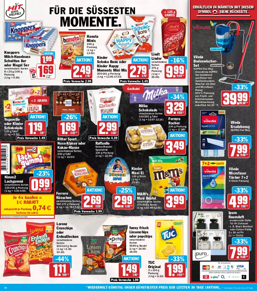 Aktueller Prospekt Hit - Wochenprospekt - von 29.09 bis 04.10.2025 - strona 14 - produkty: bamboo, beutel, bodenwischer, chips, crunchips, eimer, eis, ente, ferrero, Ferrero Küsschen, Ferrero Rocher, Funny Frisch, gin, hanuta, haselnuss, Ipuro, kakao, Kinder, Kinder Maxi, kinder schokolade, knoppers, kokos, lachgummi, lack, lindor, lindt, linsen, lorenz, lorenz crunchips, mandel, milch, milka, milka schokolade, nimm2, nuss, raffaello, Raumduft, reis, riegel, ritter, ritter sport, schnitten, schoko, schokolade, Spezi, Sport, Ti, Tiere, tuc, tücher, vileda, wasser, Yo, yogurette, ZTE
