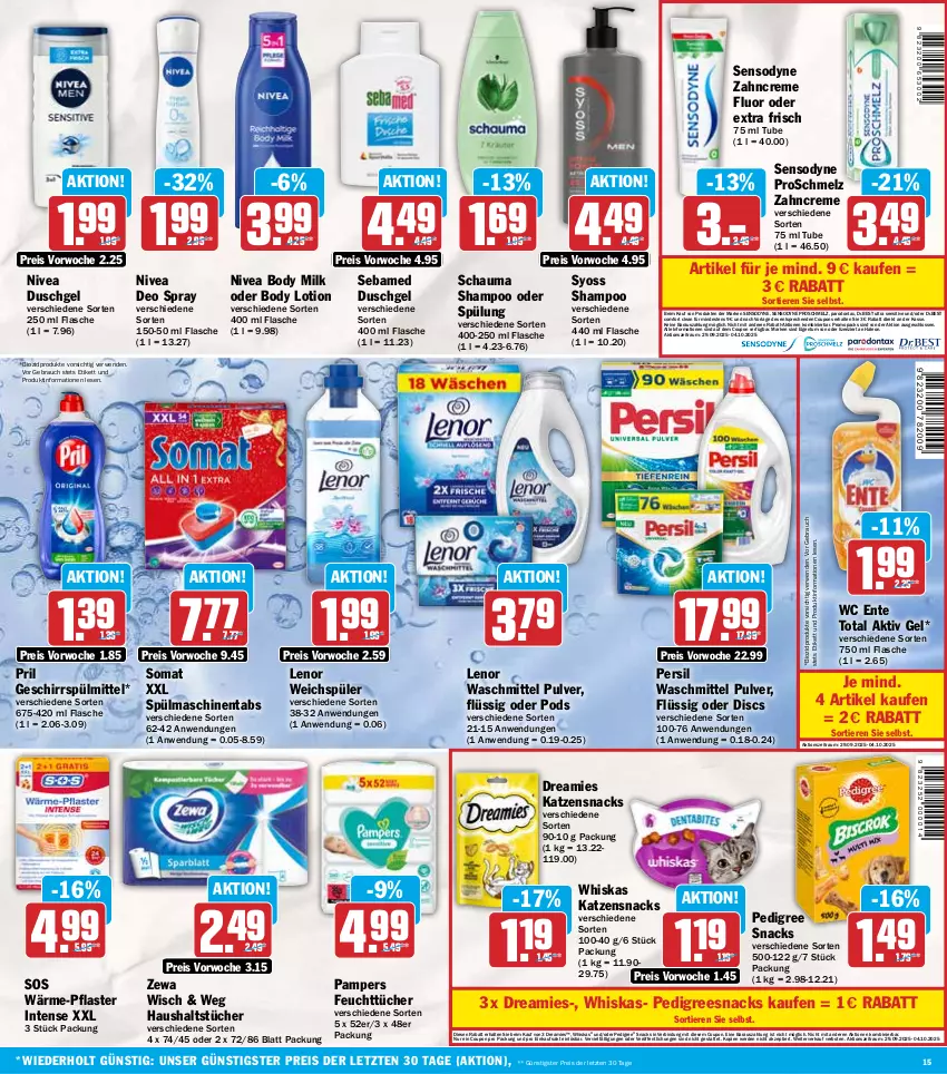 Aktueller Prospekt Hit - Wochenprospekt - von 29.09 bis 04.10.2025 - strona 15 - produkty: aktiv gel, bio, biozidprodukte, body, body lotion, body milk, coupon, coupons, creme, deo, deo spray, dreamies, duschgel, eis, ente, erde, feuchttücher, flasche, geschirr, geschirrspülmittel, haushaltstücher, katzensnack, katzensnacks, lenor, lenor waschmittel, lenor weichspüler, Lotion, nivea, pampers, Parodontax, pedigree, persil, persil waschmittel, pflaster, Pods, pril, Rauch, reis, rwe, schauma, schauma shampoo, sebamed, sensodyne, shampoo, shampoo oder spülung, snack, snacks, somat, spülmaschinen, spülmaschinentabs, spülmittel, spülung, syoss, Ti, Tiere, tücher, waschmittel, wc ente, weichspüler, whiskas, Yo, zahncreme, zewa, ZTE
