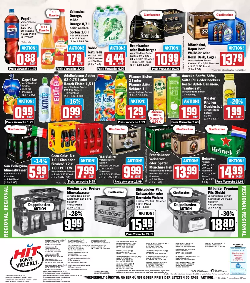 Aktueller Prospekt Hit - Wochenprospekt - von 29.09 bis 04.10.2025 - strona 19 - produkty: adelholzener, Alwa, amecke, angebot, angebote, apfel, auer, Bad, banane, bananen, Beckers Bester, Berger, bier, bio, bitburger, braun, burger, Cap, capri-sun, coca-cola, cola, eimer, eis, eistee, elle, Engel, fisch, flasche, franziskaner, glasflasche, heineken, Holz, Kozel, krombache, krombacher, Lübecker, mineralwasser, mönchshof, natur, Nektar, orange, pepsi, pfanne, Pfanner, pils, premium pils, radeberger, Rauch, reis, rel, saft, säfte, san pellegrino, sinalco, Spaten, steiner, störtebeker, tee, Ti, trauben, Traubensaft, uhr, valensina, volvic, warsteiner, wasser, weissbier, ZTE