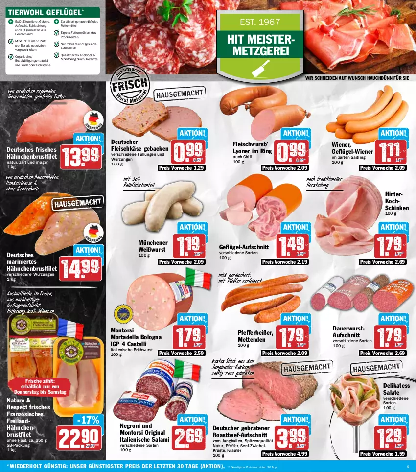 Aktueller Prospekt Hit - Wochenprospekt - von 29.09 bis 04.10.2025 - strona 5 - produkty: auer, aufschnitt, Bau, Bauer, beef, bio, braten, Brühwurst, brustfilet, chili, dell, eis, elle, ente, filet, fleisch, fleischkäse, fleischwurst, geback, Geflügel, gin, hähnchenbrust, hähnchenbrustfilet, hinterkochschinken, im zarten saitling, jungbullen, Kalbfleisch, Käse, kochschinken, kräuter, lyoner, Meister, Mett, metten, Mettenden, monitor, montorsi, mortadella, natur, pfeffer, Pfefferbeißer, pflanze, pflanzen, reis, Ria, ring, roastbeef, saft, salami, salat, salate, schinken, senf, spitzenqualität, Ti, Tiere, Weißwurst, wiener, wurst, Yo, ZTE, zwiebel