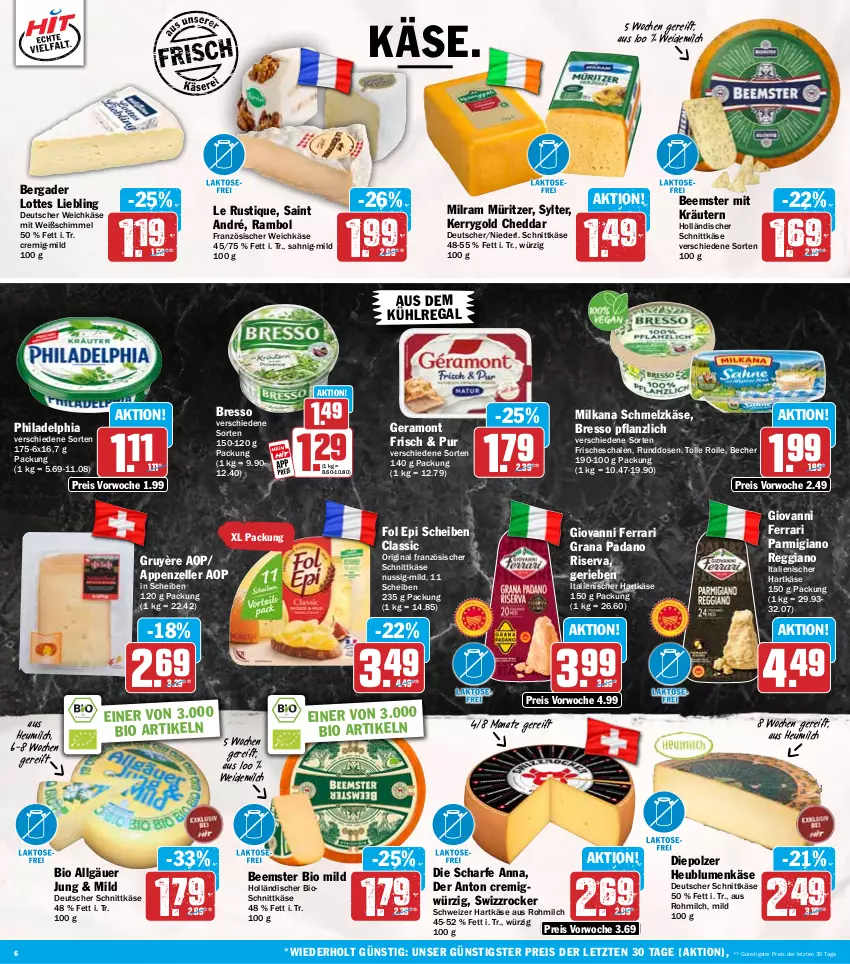 Aktueller Prospekt Hit - Wochenprospekt - von 29.09 bis 04.10.2025 - strona 6 - produkty: appenzeller, aus dem kühlregal, Becher, Beemster, bergader, bio, blume, blumen, bresso, cheddar, deutscher schnittkäse, deutscher weichkäse, eis, elle, fol epi, französischer weichkäse, gin, grana, grana padano, hartkäse, Heu, heumilch, holländischer schnittkäse, italienischer hartkäse, Käse, kerrygold, kräuter, kräutern, kühlregal, Le Rustique, LG, milch, milka, milkana, milram, nuss, padano, parmigiano, parmigiano reggiano, philadelphia, Rana, regal, reggiano, reis, riserva, Schal, Schale, Schmelzkäse, schnittkäse, schweizer hartkäse, Swizzrocker, Sylter, Ti, weichkäse, weidemilch, ZTE