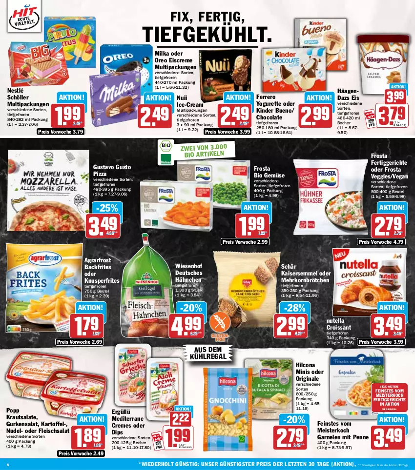 Aktueller Prospekt Hit - Wochenprospekt - von 29.09 bis 04.10.2025 - strona 8 - produkty: agrarfrost, aus dem kühlregal, Becher, beutel, bio, bio gemüse, brötchen, cola, creme, Croissant, dip, eis, eiscreme, ferrero, fertiggericht, fertiggerichte, fleisch, fleischsalat, frosta, garnelen, gin, gurke, gurken, gurkensalat, hilcona, Kaiser, Kaisersemmel, kartoffel, Kinder, kinder bueno, korn, Kraut, krautsalat, kühlregal, mehrkornbrötchen, Meister, milka, nestlé, nestlé schöller, nudel, nuii, nutella, oreo, penne, pizza, Popp, regal, reis, salat, salate, Schöller, Semmel, Ti, veggie, wiesenhof, Yo, yogurette, ZTE
