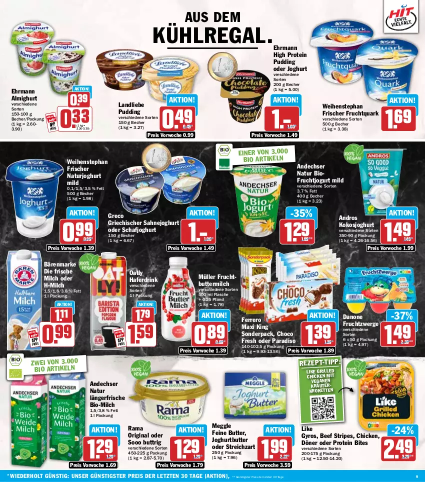 Aktueller Prospekt Hit - Wochenprospekt - von 29.09 bis 04.10.2025 - strona 9 - produkty: almighur, almighurt, andechser natur, aus dem kühlregal, bärenmarke, Becher, beef, bio, bites, butter, buttermilch, choco fresh, danone, drink, ehrmann, ehrmann almighurt, eis, ferrero, flasche, frische milch, frucht, Fruchtquark, fruchtzwerge, gin, grill, gyros, hafer, Haferdrink, joghur, joghurt, joghurt mild, jogurt, Kette, kokos, kräuter, Kroketten, kühlregal, landliebe, meggle, milch, Müller, natur, naturjoghurt, pudding, quark, rama, regal, reis, sahne, Sahnejoghurt, Streichzart, Ti, weihenstephan, ZTE