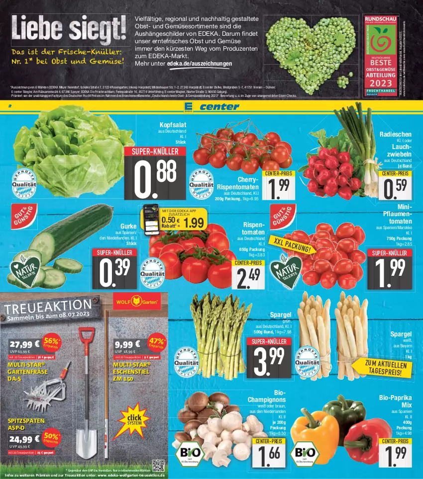 Aktueller Prospekt E Center - Angebote der Woche - von 22.05 bis 27.05.2023 - strona 2 - produkty: Abtei, Astra, bio, Bio-Paprika, braun, champignon, champignons, coupon, deka, eis, elle, ente, frucht, Garten, gurke, kopfsalat, Lauchzwiebel, lauchzwiebeln, lebensmittel, nuss, obst, Obst und Gemüse, paprika, paprika mix, pflaume, pflaumen, radieschen, reis, ring, rispentomaten, rosen, rum, salat, spargel, Spaten, speyer, Stiegl, super-knüller, teller, Ti, tomate, tomaten, und gemüse, wagner, Wild, wolfgarten, zwiebel, zwiebeln