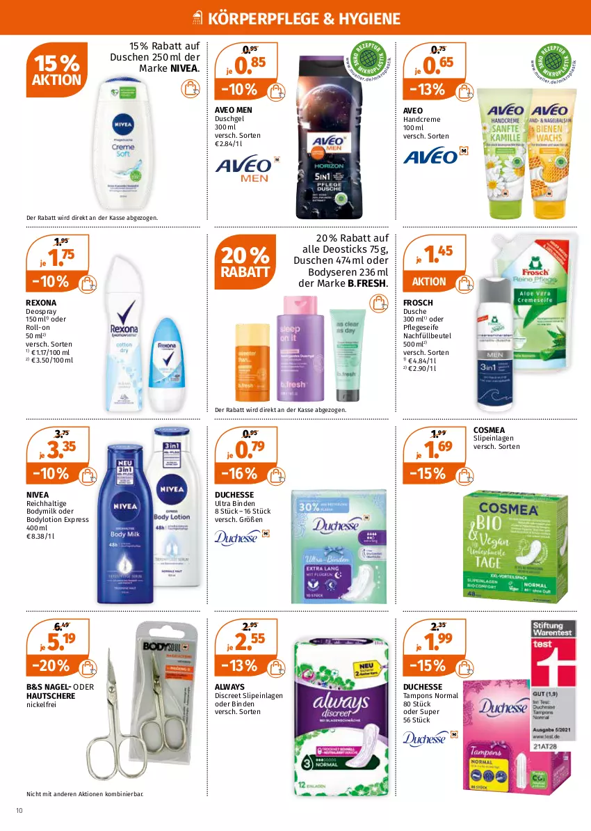 Aktueller Prospekt Mueller - Müller Prospekt - von 02.05 bis 07.05.2022 - strona 10 - produkty: Alwa, Always, aveo, beutel, binden, body, bodylotion, Bodymilk, cosmea, creme, deo, deospray, deospray 150 ml, Deostick, Discreet, dusche, duschgel, Frosch, handcreme, körperpflege, Lotion, nivea, rexona, roll-on, Schere, Seife, slip, slipeinlagen, Tampon, tampons, Ti