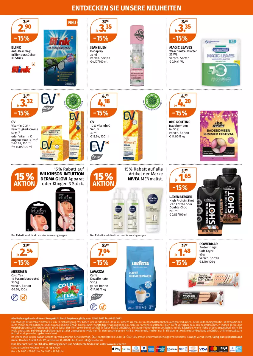 Aktueller Prospekt Mueller - Müller Prospekt - von 02.05 bis 07.05.2022 - strona 18 - produkty: Abtei, angebot, angebote, Bad, batterie, batterien, Berger, beutel, bohne, Brille, caffe, coupon, coupons, creme, decke, deo, deospray, eis, elle, ente, feuchtigkeitscreme, lavazza, Müller, neuheit, nivea, Nivea Men, reis, riegel, rum, Serum, Ti, tücher, uhr, vita, Vitamin C, waschmittel, wilkinson