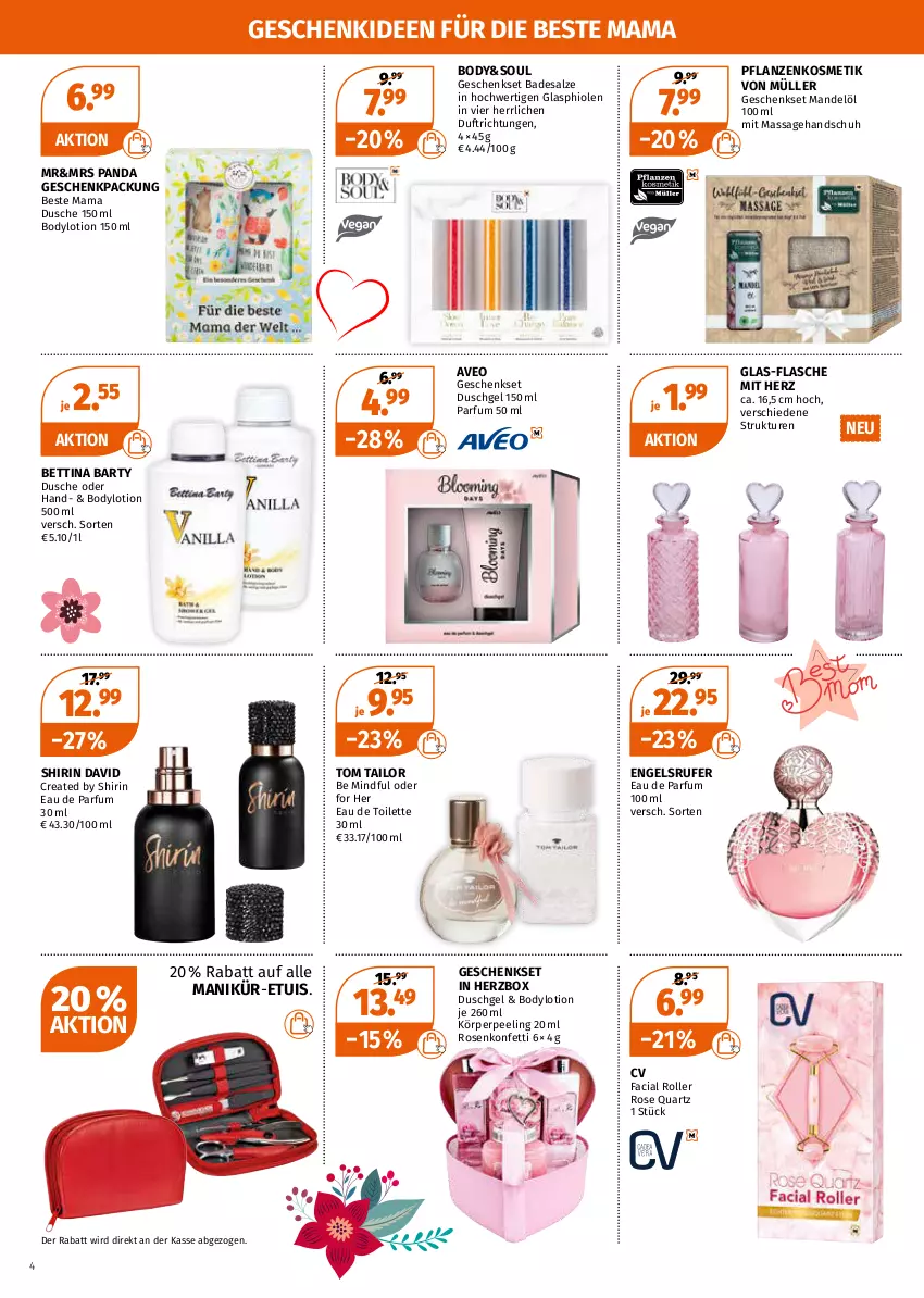 Aktueller Prospekt Mueller - Müller Prospekt - von 02.05 bis 07.05.2022 - strona 4 - produkty: aveo, Bad, bett, body, bodylotion, dusche, duschgel, Eau de parfum, eau de parfum 30 ml, eau de toilette, eau de toilette 30 ml, Engel, flasche, geschenkpackung, geschenkset, kosmetik, Lotion, mam, mandel, Mandelöl, Müller, parfum, Peeling, pflanze, pflanzen, Roller, rosen, salz, Ti