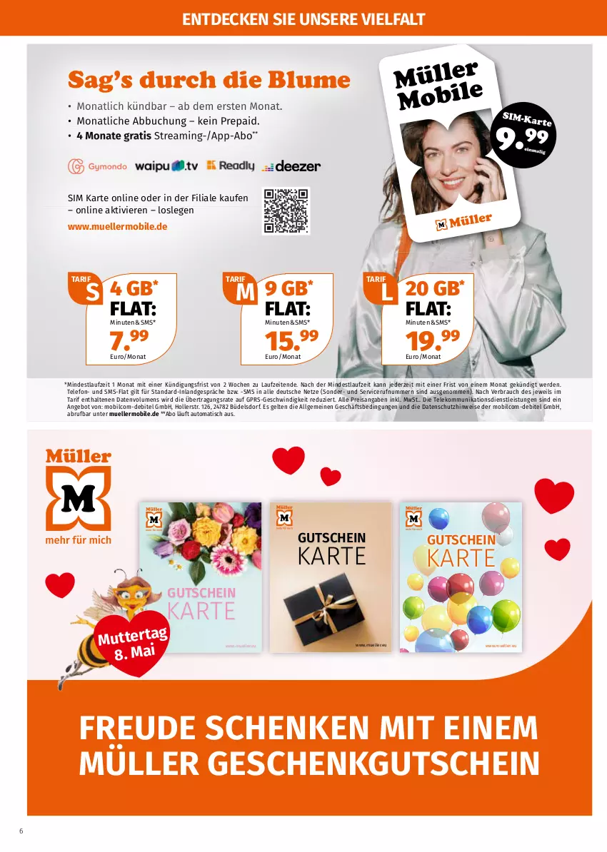 Aktueller Prospekt Mueller - Müller Prospekt - von 02.05 bis 07.05.2022 - strona 6 - produkty: angebot, auto, blume, buch, debitel, decke, eis, elle, erde, gutschein, LG, mobilcom-debitel, Müller, Rauch, reis, sim, telefon, Ti, tisch