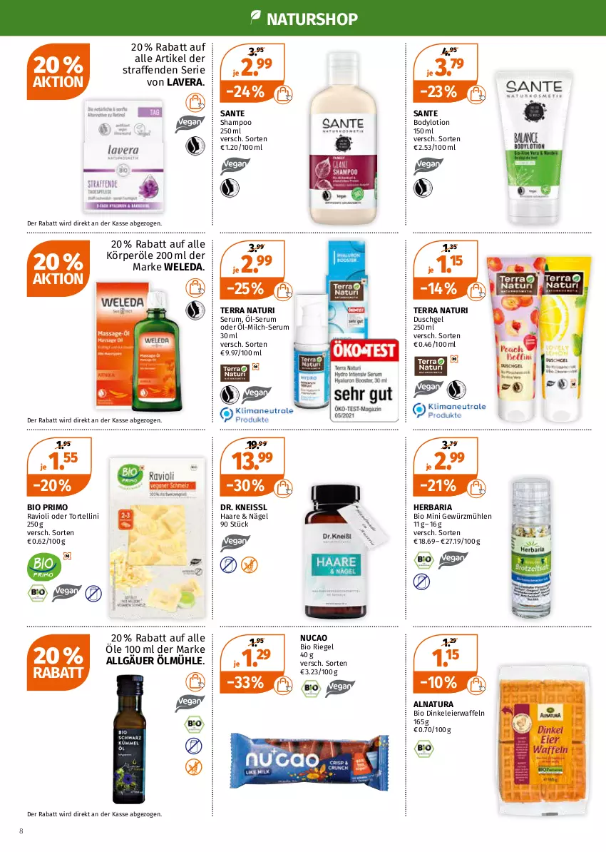 Aktueller Prospekt Mueller - Müller Prospekt - von 02.05 bis 07.05.2022 - strona 8 - produkty: bio, body, bodylotion, duschgel, eier, eis, gewürz, Gewürzmühle, lavera, LG, Lotion, milch, natur, natura, ravioli, Ria, riegel, rum, SANTE, Serum, shampoo, shampoo 250 ml, Ti, torte, tortellini, waffeln, weleda