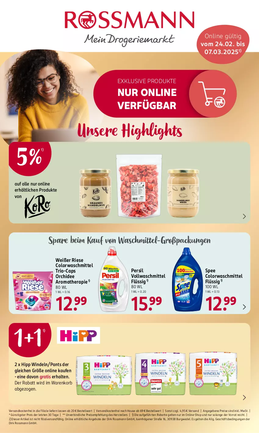 Aktueller Prospekt Rossmann - Prospekte - von 24.02 bis 07.03.2025 - strona 1 - produkty: angebot, angebote, Cap, colorwaschmittel, eis, elle, hipp, korb, LG, ndk, orchidee, Pants, persil, reis, spee, teller, Ti, versandkostenfrei, vollwaschmittel, waschmittel, wedel, windeln, ZTE