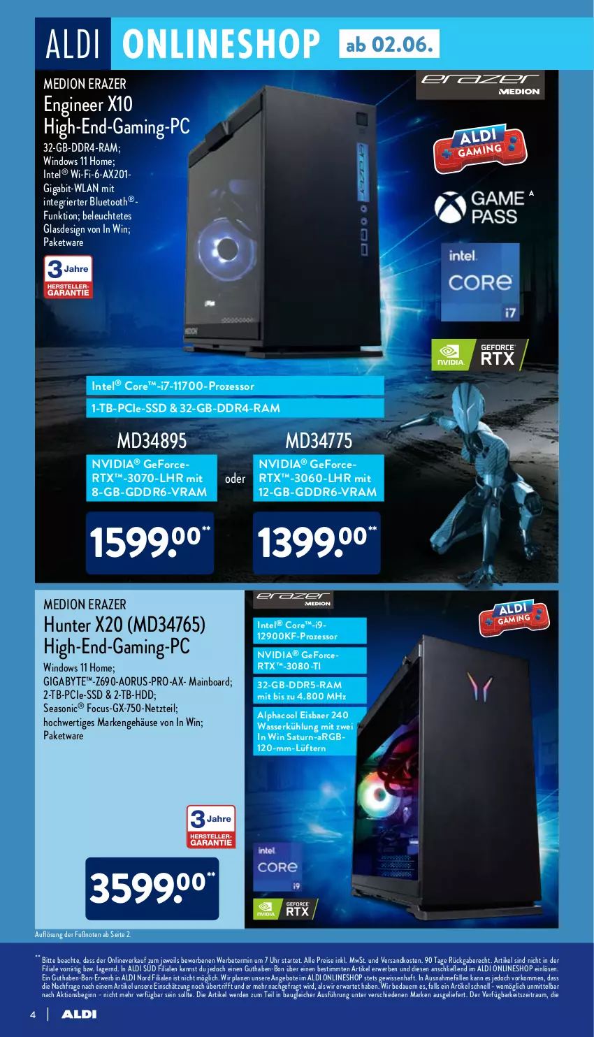 Aktueller Prospekt Aldi Nord - Multimedia - von 02.06 bis 08.06.2022 - strona 4 - produkty: aldi, angebot, angebote, auer, Bau, eis, erde, gaming-pc, geforce, gin, HDD, Intel, Leuchte, medion, ndk, nvidia, Razer, reis, rtx, rwe, ssd, Ti, uhr, wasser, ZTE