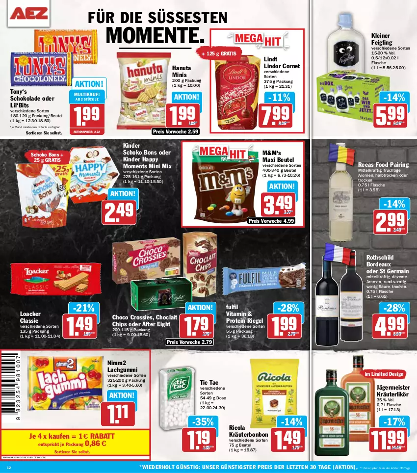 Aktueller Prospekt Aez - Prospekte - von 30.09 bis 05.10.2024 - strona 12 - produkty: after eight, aktionspreis, beutel, chips, choclait chips, choco crossies, cola, crossies, eis, ente, flasche, frucht, Germ, hanuta, jägermeister, Kinder, kleiner feigling, kräuter, kräuterlikör, lachgummi, leine, likör, lindor, lindt, Meister, nimm2, reis, Ricola, riegel, ring, schoko, schokolade, Ti, Tiere, vita, ZTE