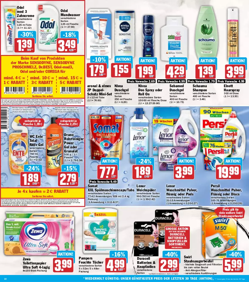 Aktueller Prospekt Aez - Prospekte - von 30.09 bis 05.10.2024 - strona 14 - produkty: aktiv gel, batterie, batterien, beutel, bio, biozidprodukte, Brei, Cap, coupon, coupons, creme, deo, deo spray, duschgel, eis, elle, elmex, elnett, ente, feuchte tücher, flasche, gin, haarspray, kraft, lenor, lenor waschmittel, Manner, Mett, mundwasser, nivea, Odol, odol med, pampers, papier, persil, persil waschmittel, Pods, Pronto, Rauch, reiniger, reis, rwe, schauma, schauma shampoo, sebamed, sensodyne, shampoo, sofort-rabatt, sofortrabatt, somat, spülmaschinen, staubsauger, staubsaugerbeutel, swirl, Ti, Tiere, toilettenpapier, tücher, waschmittel, wasser, wc ente, weichspüler, zahncreme, zewa, ZTE