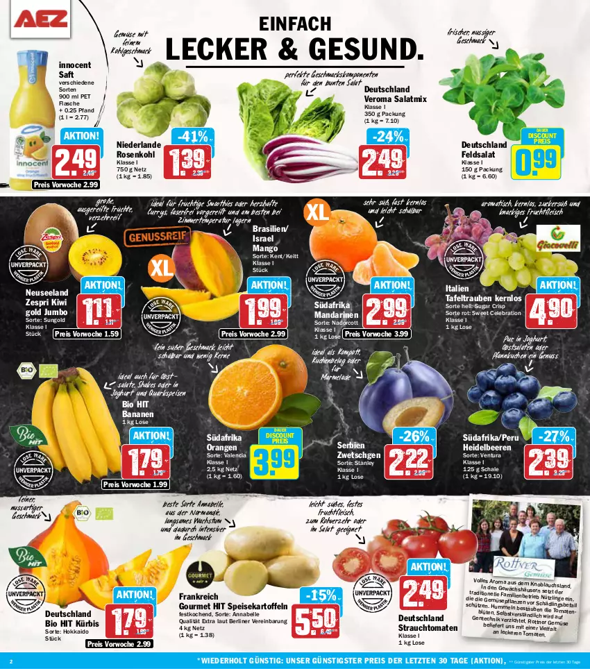 Aktueller Prospekt Aez - Prospekte - von 30.09 bis 05.10.2024 - strona 2 - produkty: auer, banane, bananen, beere, beeren, berliner, bio, bio hit, Blüte, curry, discount, eis, Elan, elle, ente, feldsalat, flasche, fleisch, frucht, früchte, fruchtfleisch, heidelbeere, heidelbeeren, Innocent, joghur, joghurt, jumbo, kartoffel, kartoffeln, kiwi, Kiwi Gold, kuchen, Kürbis, LG, mac, mandarine, mandarinen, mango, marmelade, nuss, obst, orange, orangen, Pfannkuchen, quark, Rauch, reis, rosen, Rosenkohl, saft, salat, salate, Salatmix, Schal, Schale, Schütze, shake, smoothie, smoothies, speisekartoffeln, strauchtomaten, tafeltrauben, Ti, tisch, tomate, tomaten, trauben, zespri, ZTE, zucker