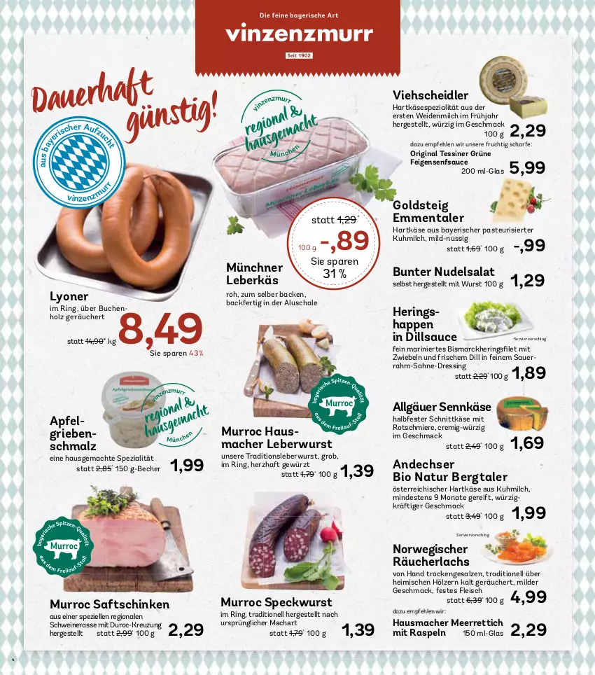 Aktueller Prospekt Aez - Prospekte - von 30.09 bis 05.10.2024 - strona 4 - produkty: apfel, auer, Becher, bio, bismarck, buch, dressing, eis, elle, emmentaler, Feigen, fleisch, frucht, gewürz, gin, goldsteig, halbfester schnittkäse, hartkäse, Hausmacher, hering, Herings, Heringshappen, Holz, Käse, lachs, leberkäs, leberwurst, LG, lyoner, mac, malz, meerrettich, milch, mit zwiebeln, natur, nudel, nudelsalat, nuss, Räucherlachs, Rettich, ring, rwe, saft, saftschinken, sahne, salat, salz, sauce, Sauerrahm, Schal, Schale, schinken, Schmalz, schnittkäse, schwein, schweine, senf, Speck, Spezi, Ti, wein, weine, wurst, Yo, zwiebel, zwiebeln