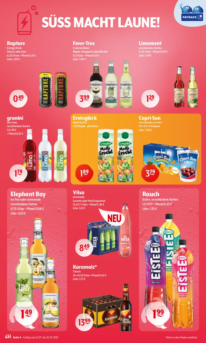 Aktueller Prospekt Getraenke Hoffmann - Prospekte - von 21.07 bis 26.07.2025 - strona 3 - produkty: Cap, capri-sun, cocktail, drink, eis, eistee, Elephant Bay, energy drink, fever-tree, frucht, granini, granini die limo, grapefruit, ice tea, karamalz, lemonade, limette, limo, limonade, mac, malz, martini, Mett, Mixer, mojito, rama, Rauch, tee, Ti, vilsa