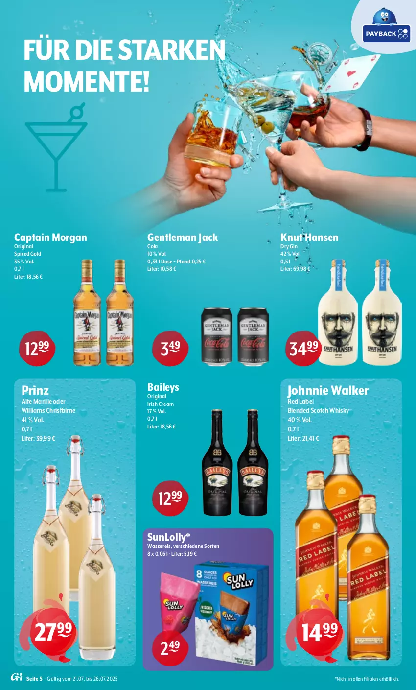 Aktueller Prospekt Getraenke Hoffmann - Prospekte - von 21.07 bis 26.07.2025 - strona 5 - produkty: baileys, blended scotch, blended scotch whisky, Cap, captain morgan, cola, dry gin, eis, ente, gin, irish cream, johnnie walker, original spiced gold, reis, scotch, scotch whisky, Ti, wasser, wassereis, whisky