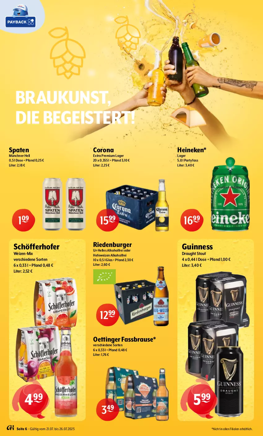 Aktueller Prospekt Getraenke Hoffmann - Prospekte - von 21.07 bis 26.07.2025 - strona 6 - produkty: alkohol, brause, burger, corona, eis, elle, fassbrause, Guinness, Hefe, hefeweizen, heineken, oettinger, schöfferhofer, Spaten, Ti