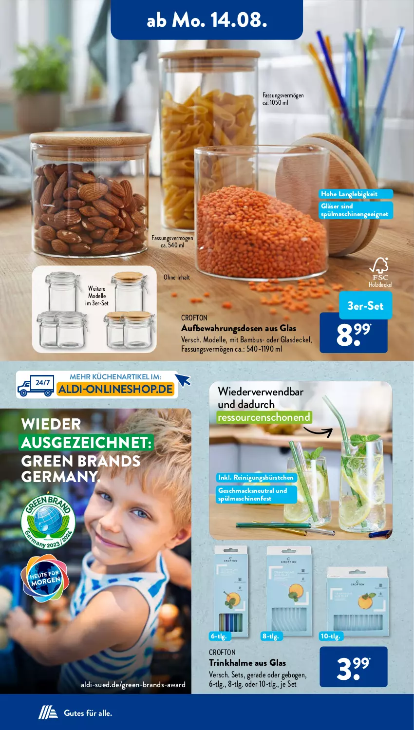 Aktueller Prospekt AldiSud - NÄCHSTE WOCHE - von 14.08 bis 19.08.2023 - strona 14 - produkty: aldi, Aufbewahrungsdose, bambus, Crofton, decke, Deckel, dell, elle, Germ, Glasdeckel, Gläser, Holz, küche, Küchen, LG, mac, Mode, Reinigung, rwe, spülmaschinen, Ti, Trinkhalme