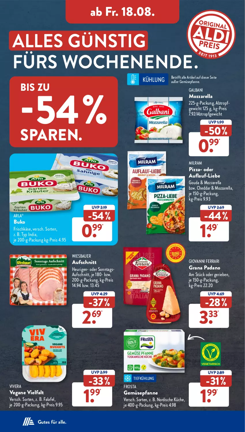 Aktueller Prospekt AldiSud - NÄCHSTE WOCHE - von 14.08 bis 19.08.2023 - strona 24 - produkty: arla, auer, aufschnitt, Bau, Bauer, Buko, cheddar, eis, Falafel, frischkäse, frosta, galbani, gouda, grana, grana padano, Heu, Käse, küche, milram, mozzarella, padano, pfanne, pizza, Rana, reis, rel, Ti, wiesbauer