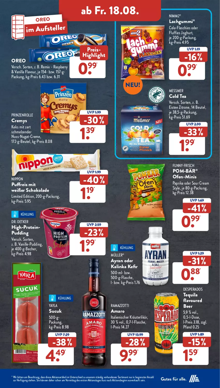 Aktueller Prospekt AldiSud - NÄCHSTE WOCHE - von 14.08 bis 19.08.2023 - strona 25 - produkty: amaro, Ayran, Becher, beutel, cola, creme, cremys, desperados, Dr. Oetker, eis, eistee, elle, flasche, funny-frisch, gin, joghur, joghurt, Kefir, keks, kräuter, kräuterlikör, lachgummi, likör, Müller, nimm2, nippon, nuss, nuss-nugat-creme, Ofen, oreo, paprika, pom-bär, prinzenrolle, pudding, rama, ramazzott, ramazzotti, raspberry, reis, schoko, schokolade, sour cream, Sucuk, tee, teller, tequila, Ti, vanille, zitrone, zott, ZTE