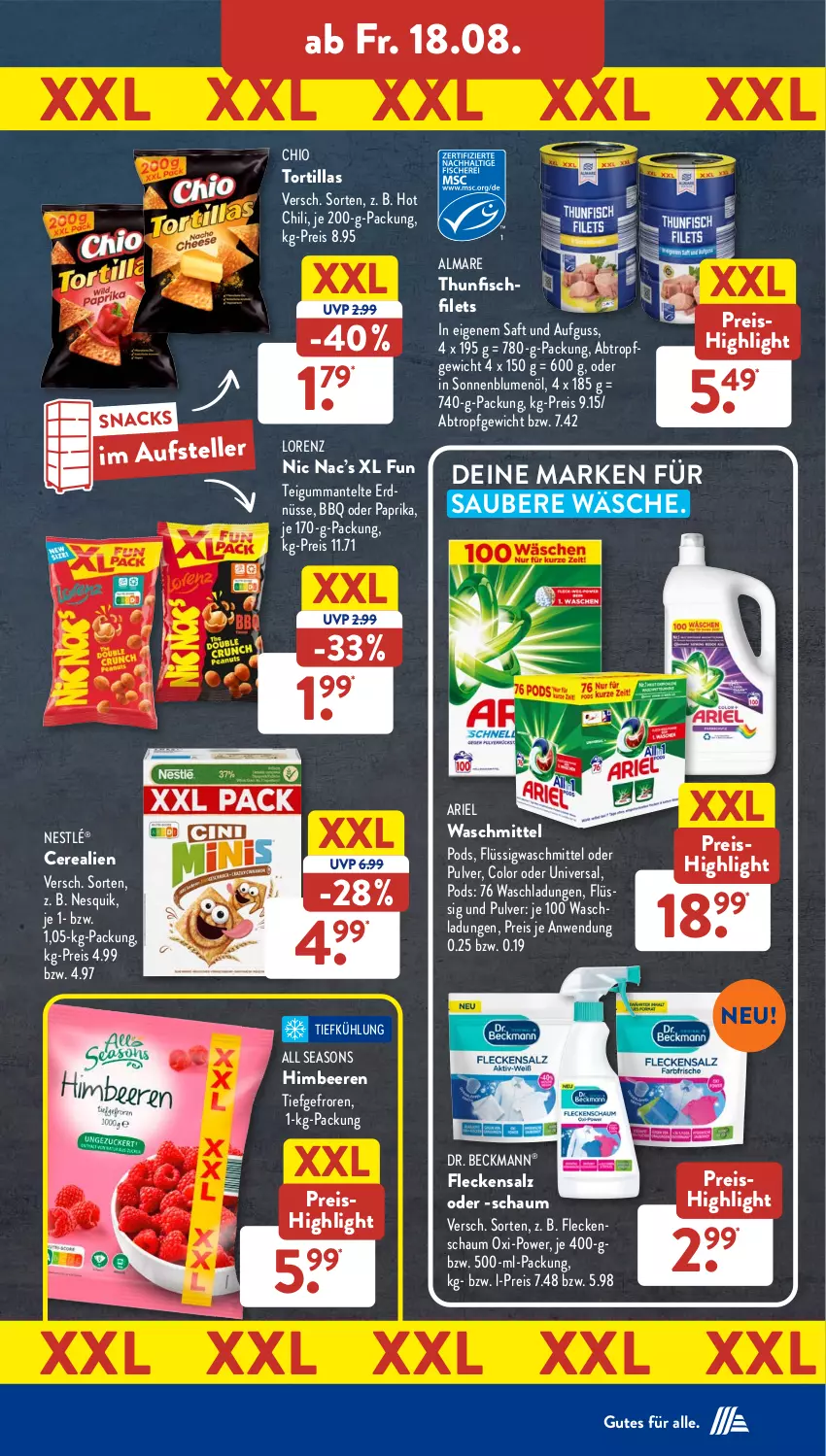 Aktueller Prospekt AldiSud - NÄCHSTE WOCHE - von 14.08 bis 19.08.2023 - strona 27 - produkty: almare, ariel, ariel waschmittel, beere, beeren, blume, blumen, blumenöl, cerealien, chili, Dr. Beckmann, eis, elle, erdnüsse, filet, filets, fisch, himbeer, himbeere, himbeeren, hot chili, lorenz, Mantel, nesquik, nestlé, paprika, Pods, reis, saft, salz, snack, snacks, sonnenblume, sonnenblumen, sonnenblumenöl, teller, thunfisch, Ti, tortilla, tortillas, waschmittel