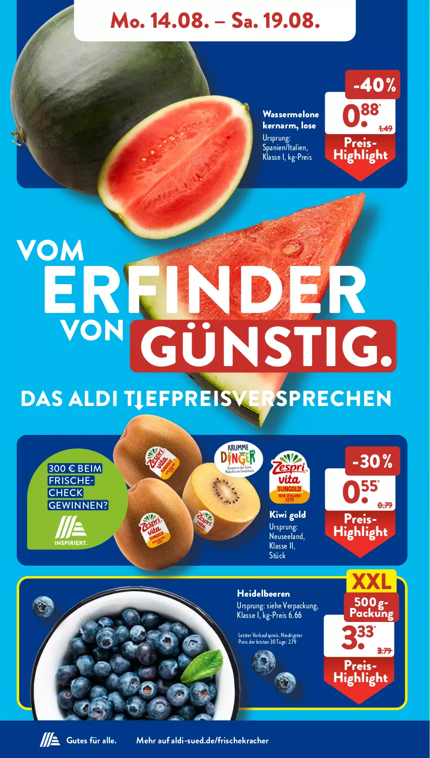 Aktueller Prospekt AldiSud - NÄCHSTE WOCHE - von 14.08 bis 19.08.2023 - strona 4 - produkty: aldi, beere, beeren, eis, Elan, heidelbeere, heidelbeeren, kiwi, Kiwi Gold, kracher, melone, reis, Ti, wasser, wassermelone, ZTE