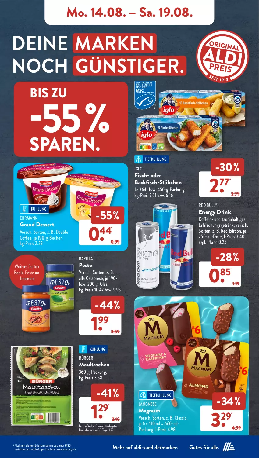 Aktueller Prospekt AldiSud - NÄCHSTE WOCHE - von 14.08 bis 19.08.2023 - strona 7 - produkty: aldi, backfisch, barilla, Becher, dessert, drink, ehrmann, eis, energy drink, ente, erfrischungsgetränk, fisch, fische, Fischer, getränk, iglo, langnese, magnum, maultaschen, pesto, red bull, reis, Schere, Tasche, taschen, Ti, ZTE