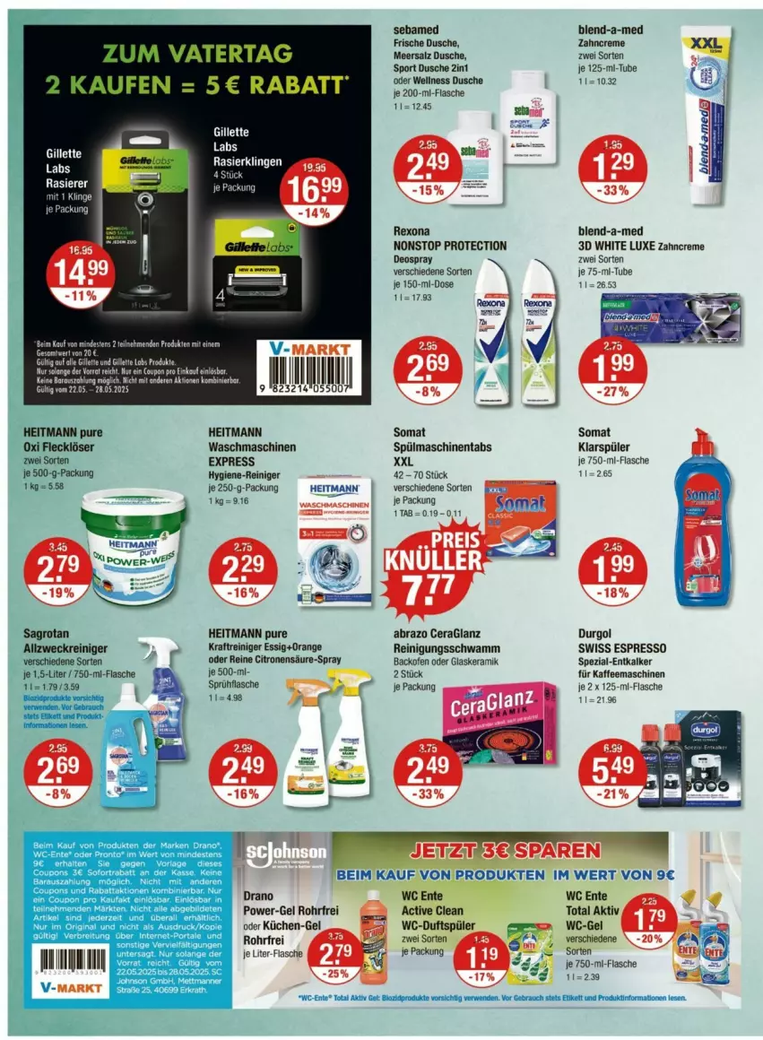 Aktueller Prospekt Vmarkt - Prospekte - von 22.05 bis 28.05.2025 - strona 10 - produkty: allzweckreiniger, backofen, blend-a-med, coupon, creme, deo, deospray, dusche, ente, entkalker, espresso, essig, flasche, gillette, glaskeramik, heitmann, hygiene-reiniger, je 250-g-packung, kaffee, kaffeemaschine, klarspüler, kraft, küche, Küchen, Manner, meersalz, Mett, Ofen, orange, power-gel, rasierer, Rasierklinge, rasierklingen, Rauch, reiniger, Reinigung, rexona, sagrotan, salz, schwamm, sebamed, somat, Spezi, Sport, sprühflasche, spülmaschinen, spülmaschinentabs, tee, Ti, waschmaschine, waschmaschinen, wc ente, weck, zahncreme