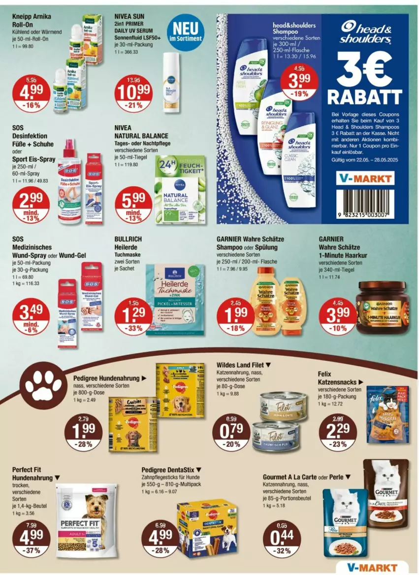 Aktueller Prospekt Vmarkt - Prospekte - von 22.05 bis 28.05.2025 - strona 11 - produkty: asti, beutel, coupon, dentastix, Desinfektion, erde, felix, filet, flasche, garnier, hundenahrung, katzennahrung, katzensnack, katzensnacks, Maske, nachtpflege, natur, natura, nivea, pedigree, Perfect Fit, portionsbeutel, sac, schuhe, shampoo, shampoo oder spülung, snack, snacks, Sport, spülung, Ti, tuc, tuchmaske, Wahre Schätze, Wild