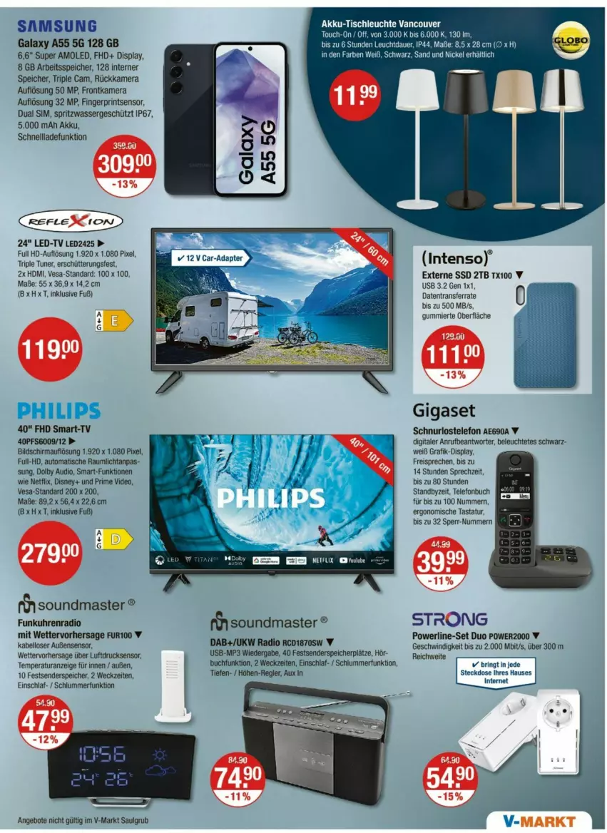 Aktueller Prospekt Vmarkt - Prospekte - von 22.05 bis 28.05.2025 - strona 19 - produkty: aeg, akku, angebot, angebote, auer, auto, Bau, buch, deo, disney, Dual SIM, eis, enders, frontkamera, gigaset, HDMI, intenso, kamera, Leuchte, LG, Mp3, netflix, Philips, Radio, reis, ring, Samsung, samsung galaxy, Samsung Galaxy A, schnellladefunktion, sim, ssd, steckdose, Tastatur, telefon, Ti, tisch, tischleuchte, tuner, uhr, usb, wasser, weck