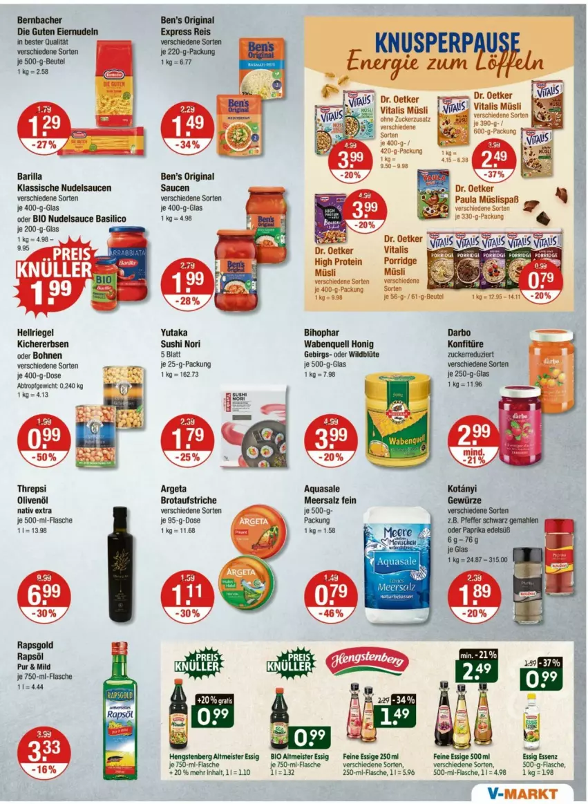 Aktueller Prospekt Vmarkt - Prospekte - von 22.05 bis 28.05.2025 - strona 7 - produkty: aqua, aufstrich, barilla, basilico, Ben’s Original, beutel, bihophar, bio, Blüte, bohne, bohnen, brot, brotaufstrich, brotaufstriche, darbo, Dr. Oetker, eis, erbsen, essig, flasche, gin, hengstenberg, honig, kichererbsen, konfitüre, meersalz, Meister, müsli, nudel, olive, oliven, olivenöl, Paula, porridge, rapsöl, reis, riegel, salz, sauce, saucen, Sushi, Ti, vita, vitalis, vitalis müsli, Wild, zucker