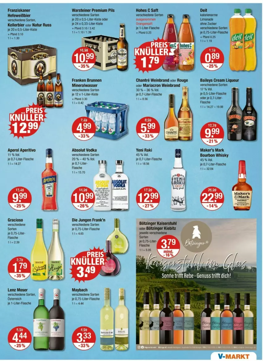 Aktueller Prospekt Vmarkt - Prospekte - von 22.05 bis 28.05.2025 - strona 9 - produkty: Absolut Vodka, Alwa, aperol, baileys, bier, bourbon, brunnen, deit, eis, elle, flasche, franken brunnen, franziskaner, gracioso, Hefe, Hohes C, je 1-liter-flasche, kellerbier, Lenz Moser, limo, limonade, liqueur, mariacron, maybach, mineralwasser, moser, natur, orange, orangen, orangensaft, pils, premium pils, reis, Ria, rouge, saft, steiner, Ti, vodka, warsteiner, wasser, wein, weinbrand, whisky, yeni raki, zucker