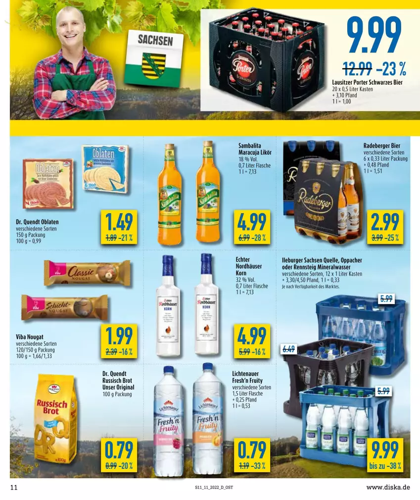 Aktueller Prospekt Diska - Prospekte - von 14.03 bis 19.03.2022 - strona 11 - produkty: Alwa, auer, Berger, bier, brot, burger, elle, flasche, gin, korn, lichtenauer, likör, maracuja, mineralwasser, Oblaten, radeberger, russisch brot, sac, wasser