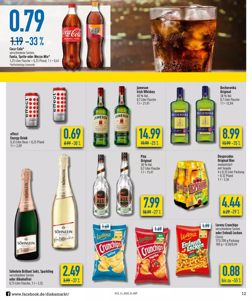 Aktueller Prospekt Diska - Prospekte - von 14.03 bis 19.03.2022 - strona 12 - produkty: alkohol, Becher, Becherovka, bier, brillant sekt, chips, crunchips, desperados, drink, Effect, energy drink, fanta, flasche, gin, hero, irish whiskey, jameson, limo, limonade, lorenz, lorenz crunchips, Mezzo Mix, sekt, söhnlein, söhnlein brillant, sprite, tequila, Ti, whiskey