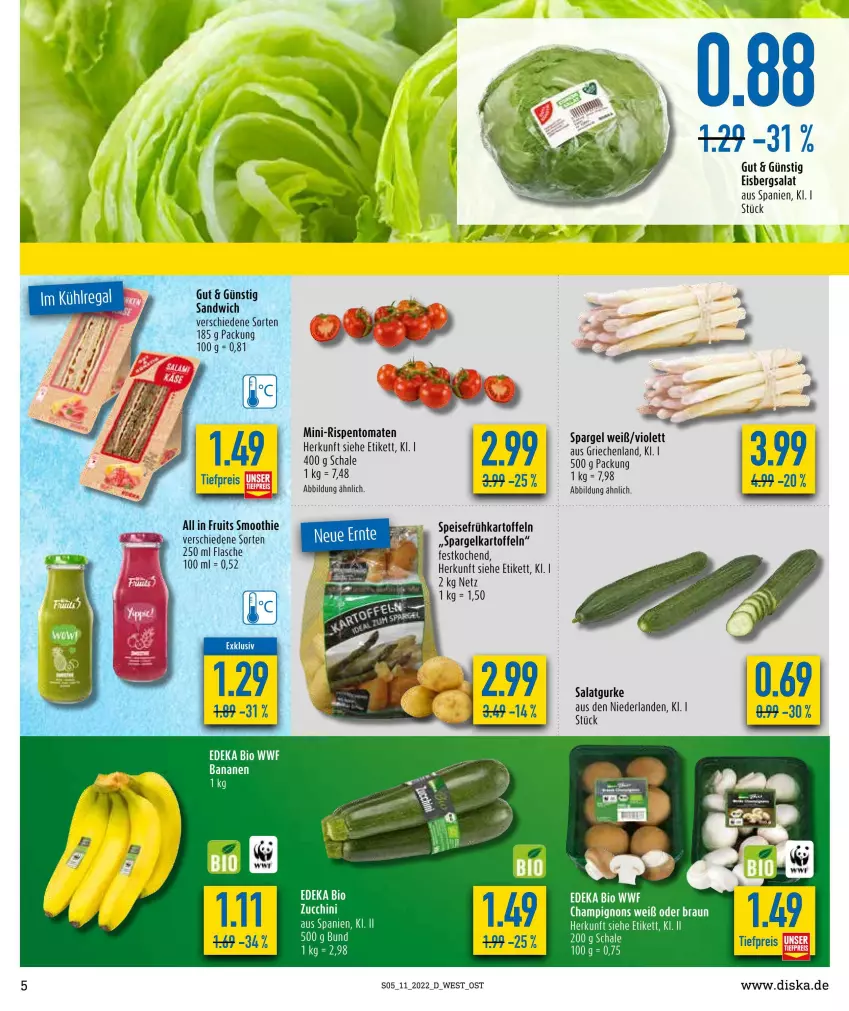 Aktueller Prospekt Diska - Prospekte - von 14.03 bis 19.03.2022 - strona 5 - produkty: banane, bananen, bio, deka, edeka bio, eis, eisbergsalat, flasche, Frühkartoffeln, gurke, kartoffel, kartoffeln, mini-rispentomaten, reis, rispentomaten, salat, Salatgurke, sandwich, Schal, Schale, smoothie, spargel, speisefrühkartoffeln, Ti, tiefpreis, tomate, tomaten