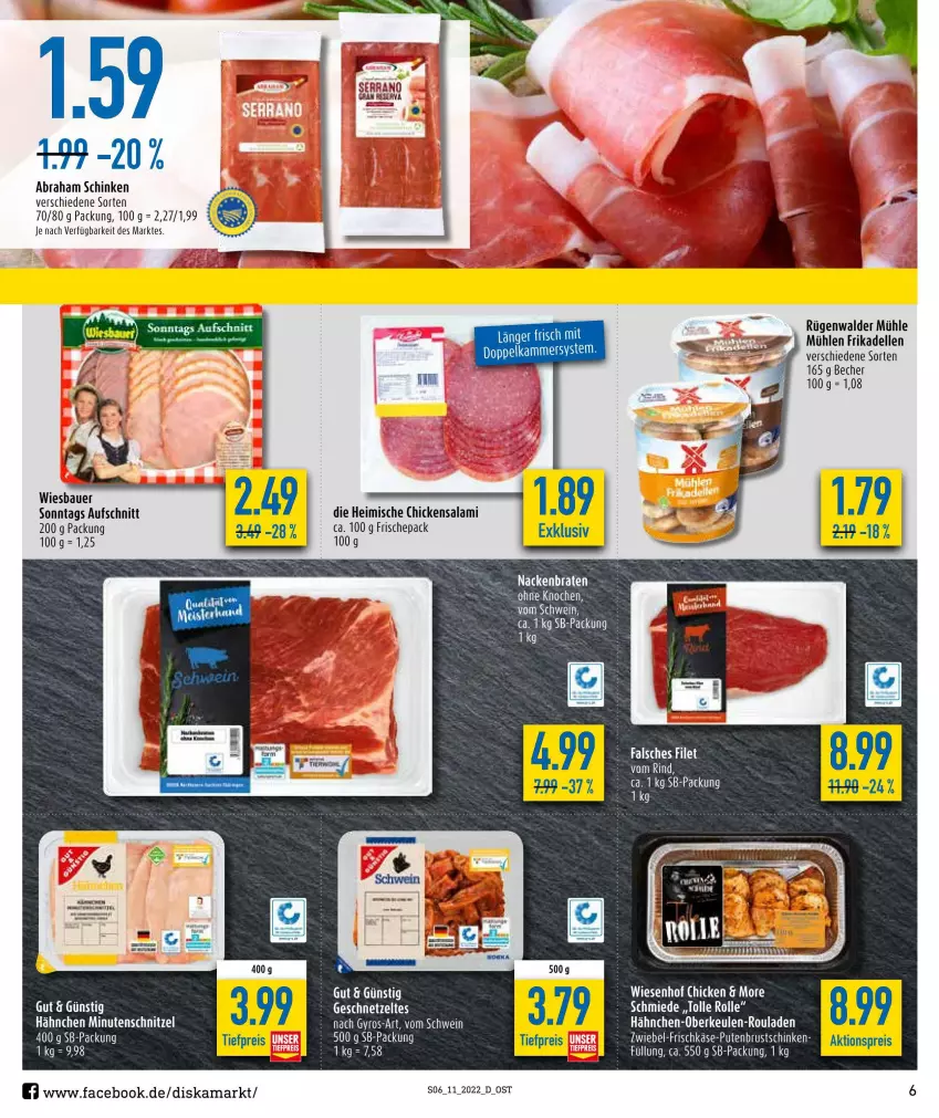 Aktueller Prospekt Diska - Prospekte - von 14.03 bis 19.03.2022 - strona 6 - produkty: auer, aufschnitt, Bau, Bauer, Becher, braten, dell, eier, elle, Falsches Filet, filet, frikadellen, frischkäse, geschnetzeltes, Hähnchen-Oberkeulen, Käse, minutenschnitzel, pute, putenbrust, rind, rouladen, rügenwalder, rügenwalder mühle, salami, schinken, schnitzel, schwein, Ti, wein, wiesbauer, wiesenhof, Zelt, zwiebel