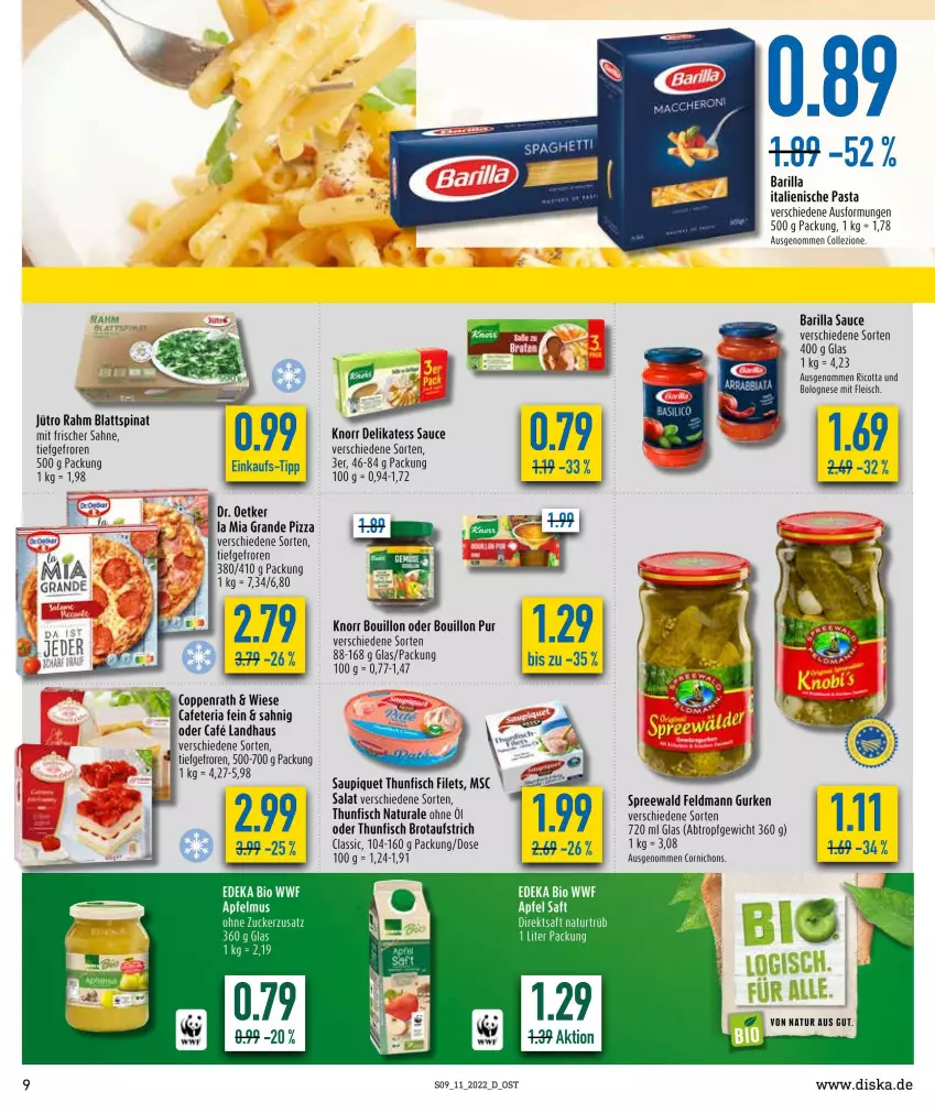 Aktueller Prospekt Diska - Prospekte - von 14.03 bis 19.03.2022 - strona 9 - produkty: apfel, apfelmus, aufstrich, barilla, bio, bolognese, brot, brotaufstrich, coppenrath, deka, delikatess sauce, Dr. Oetker, edeka bio, eis, filet, filets, fisch, fleisch, gurke, gurken, italienische pasta, knorr, natur, natura, pasta, pizza, Ria, ricotta, saft, sahne, salat, sauce, saupiquet, thunfisch, thunfisch filets, Ti, zucker