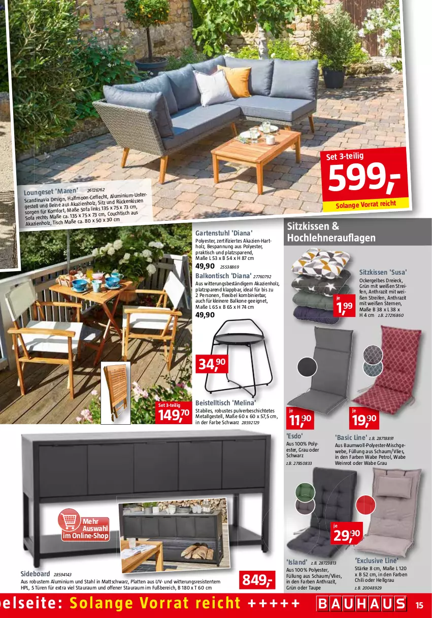 Aktueller Prospekt Bauhaus - Prospekte - von 04.06 bis 02.07.2022 - strona 15 - produkty: Bau, beistelltisch, chili, Couch, couchtisch, eis, ente, Garten, gartenstuhl, Holz, HP, kissen, latte, leine, LG, loungeset, reifen, Rückenkissen, sideboard, sitzkissen, Sofa, stuhl, Ti, tisch, wein